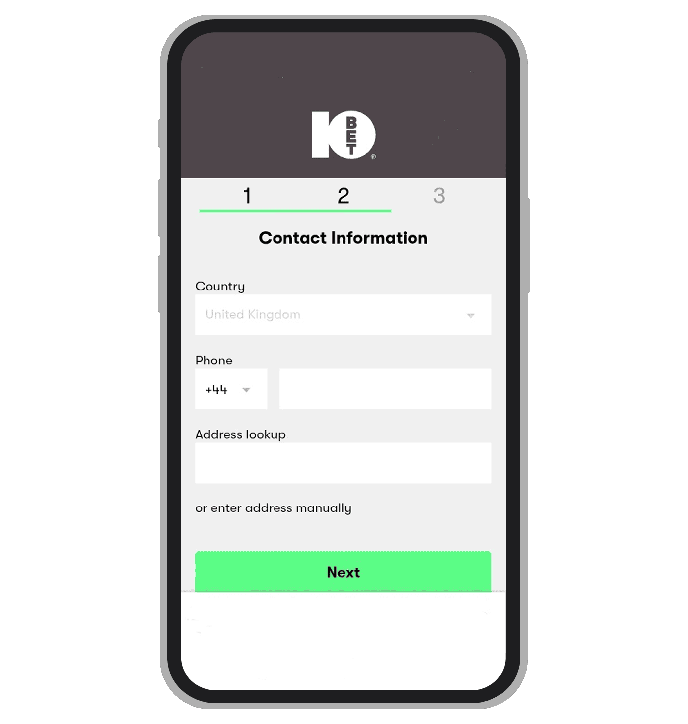 Registration form at 10bet: page 2