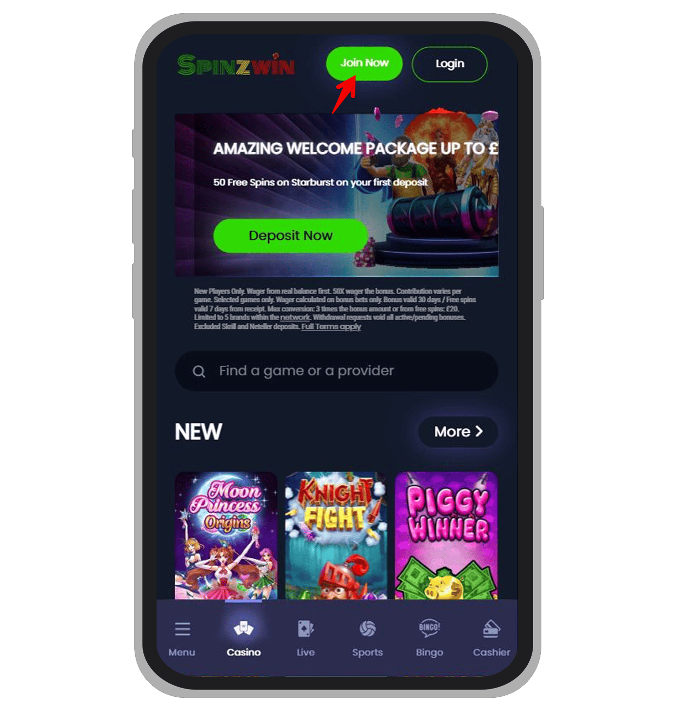 The "Join Now" button at Spinzwin