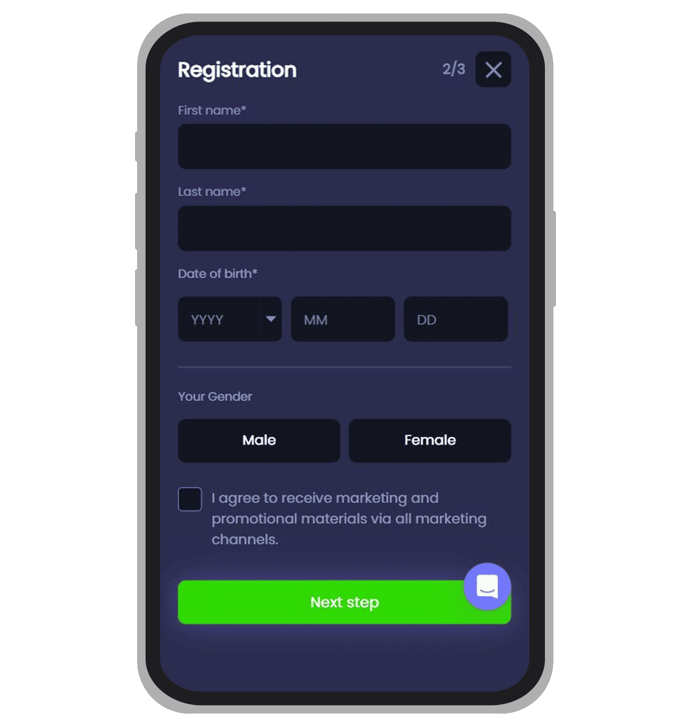 The registration form at Spinzwin: page 2