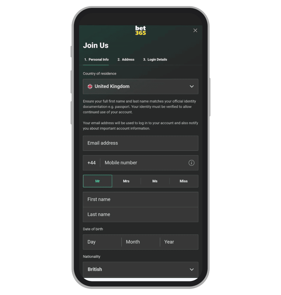 Registration form. Step 1