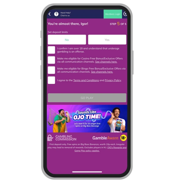 PlayOJO registration: Step 4