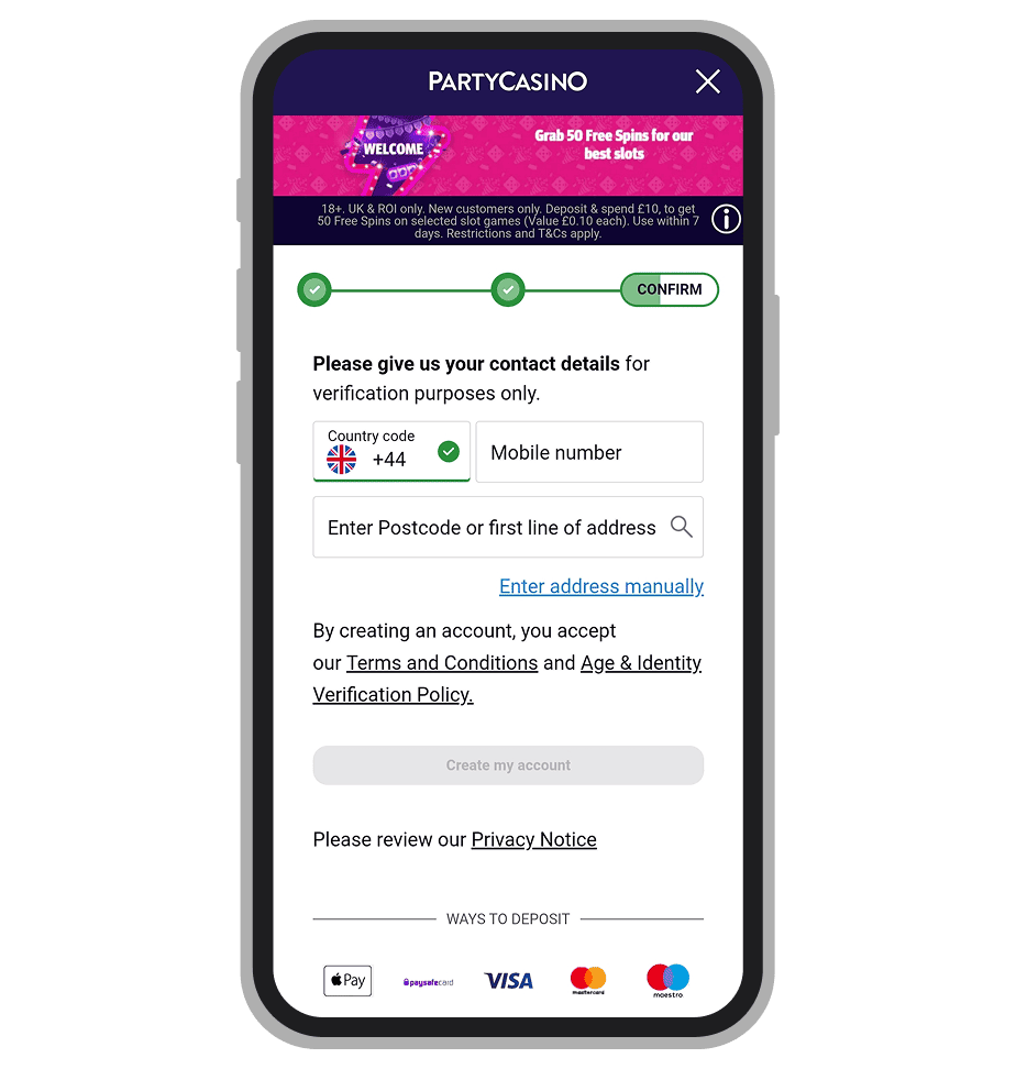 PartyCasino registration: Step 4