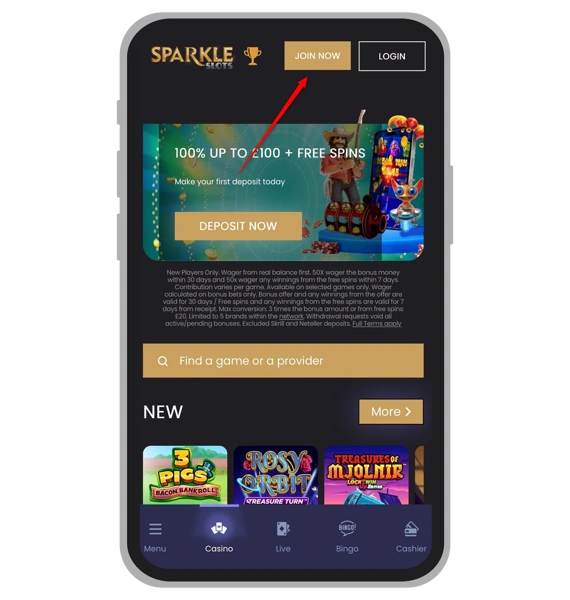 Sparkle Slots registration: Step 1