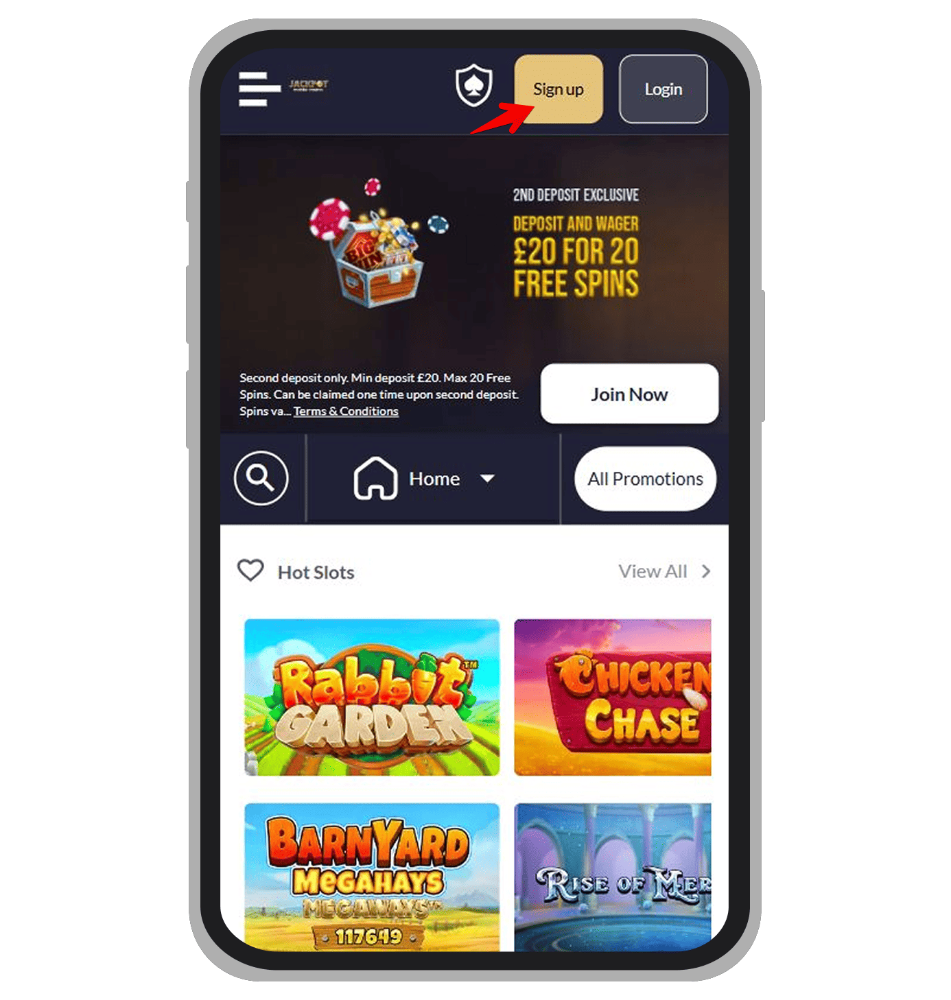 Sign-up button at Jackpot Mobile Casino