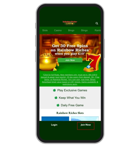 Sign Up at Rainbow Riches: Step 1