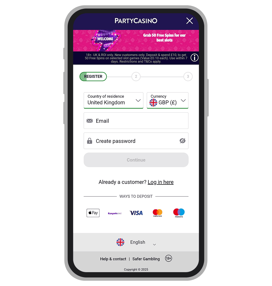 PartyCasino registration: Step 2