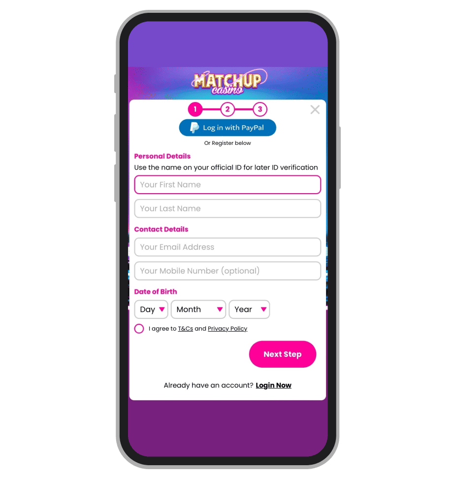 Matchup Casino Sign-Up Step 2