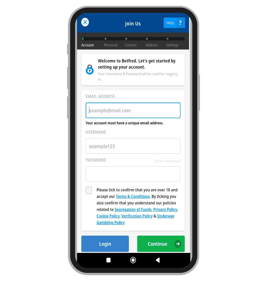 Step 1 of registration – Account