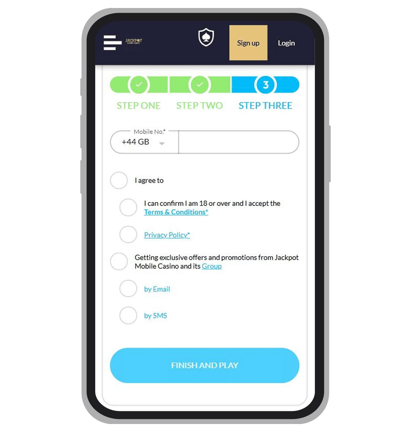 Registration form at Jackpot Mobile Casino: page 3