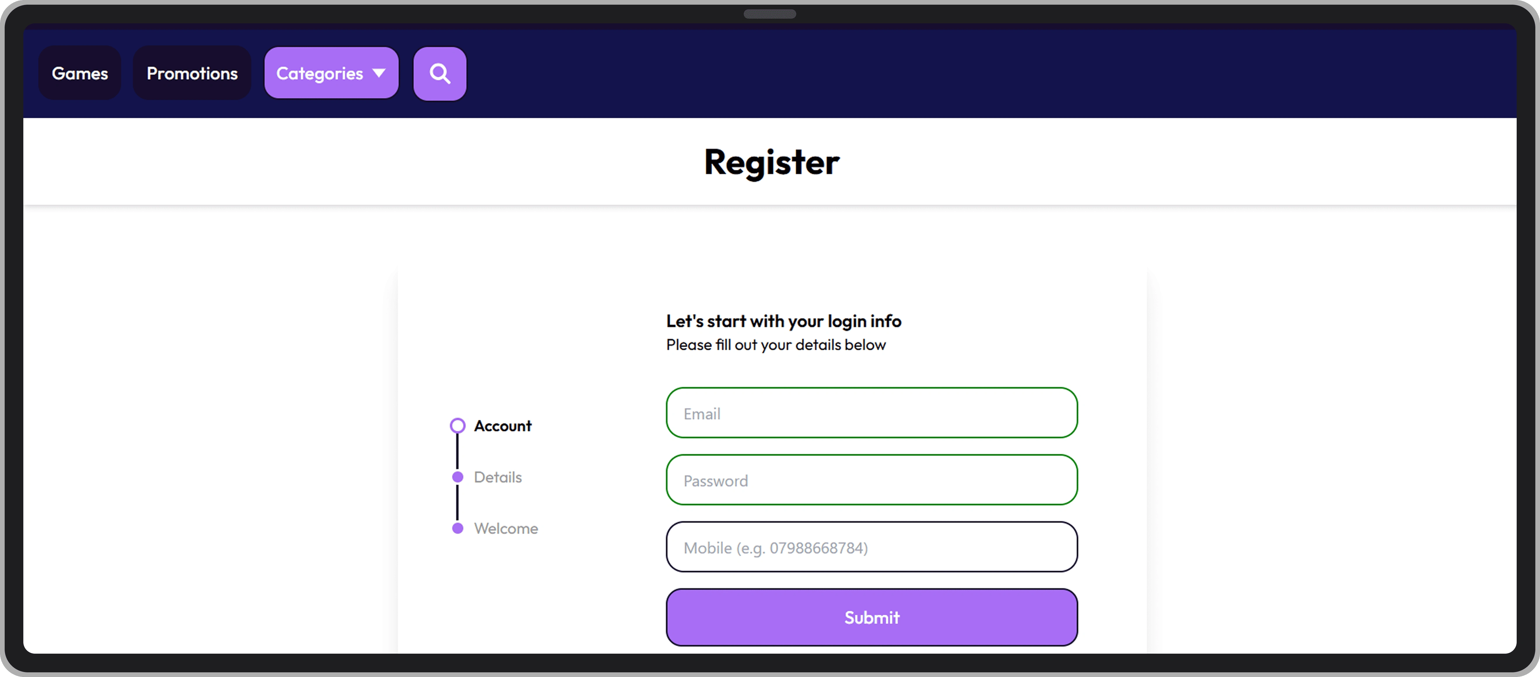 Registration: page 1