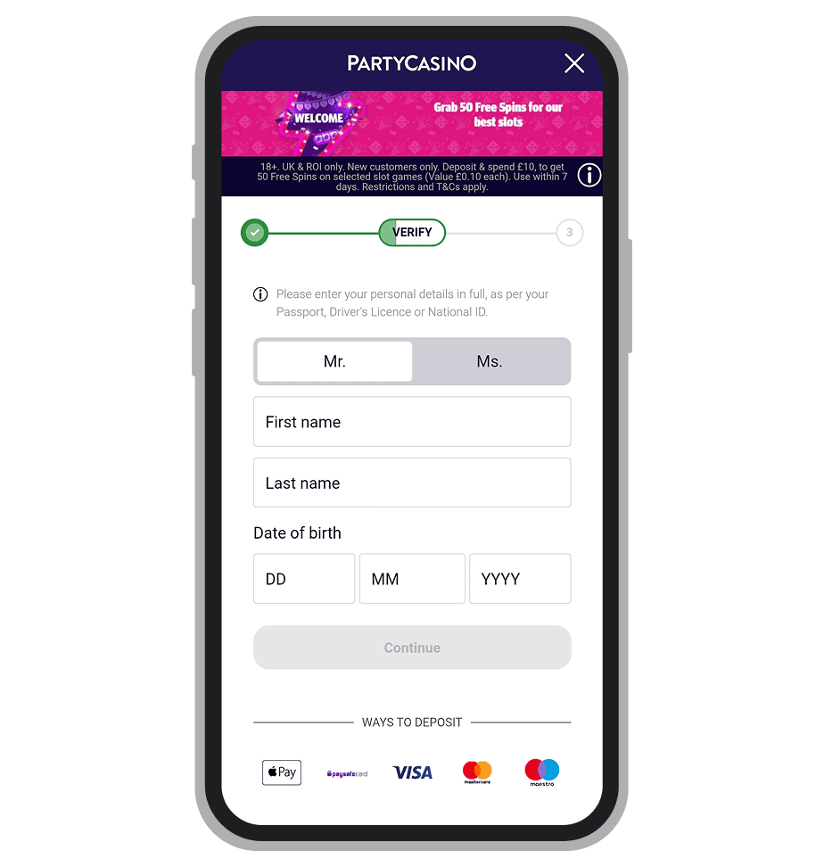 PartyCasino registration: Step 3