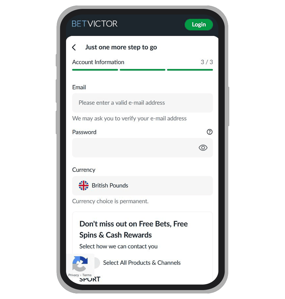 Sign-up form at BetVictor: page 3