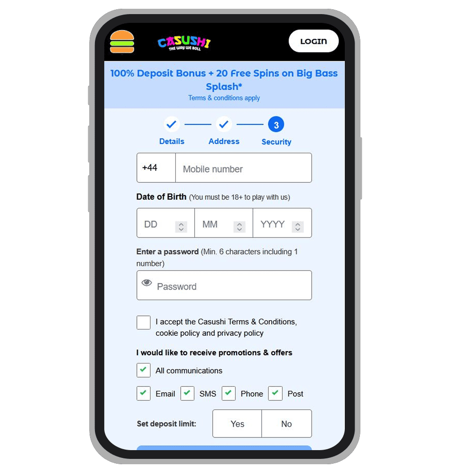 Sign-up form at Casushi: page 3