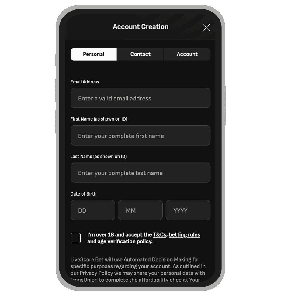 LiveScore Bet registration: Step 2