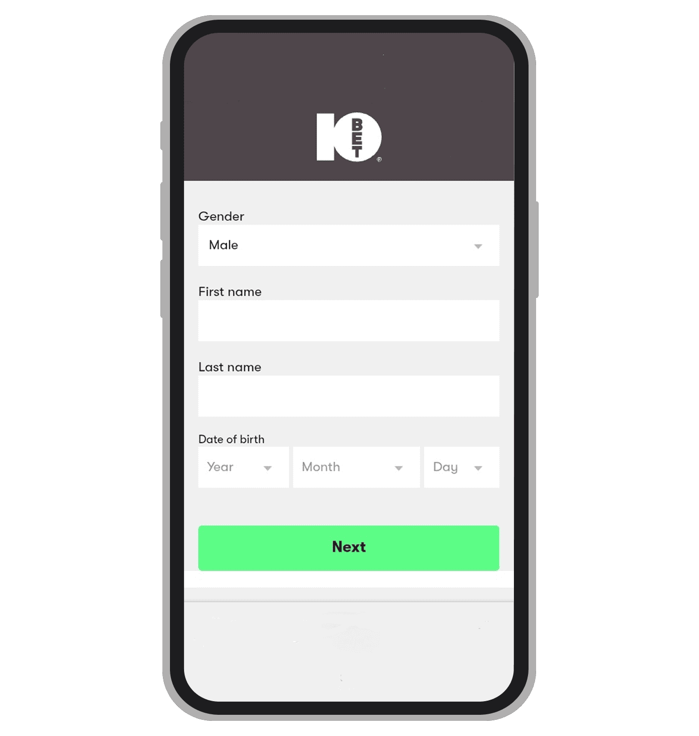 Registration form at 10bet: page 1