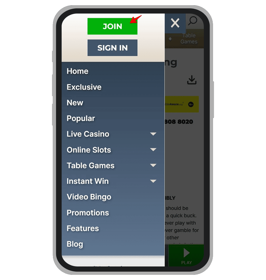 Join button at Prime Casino