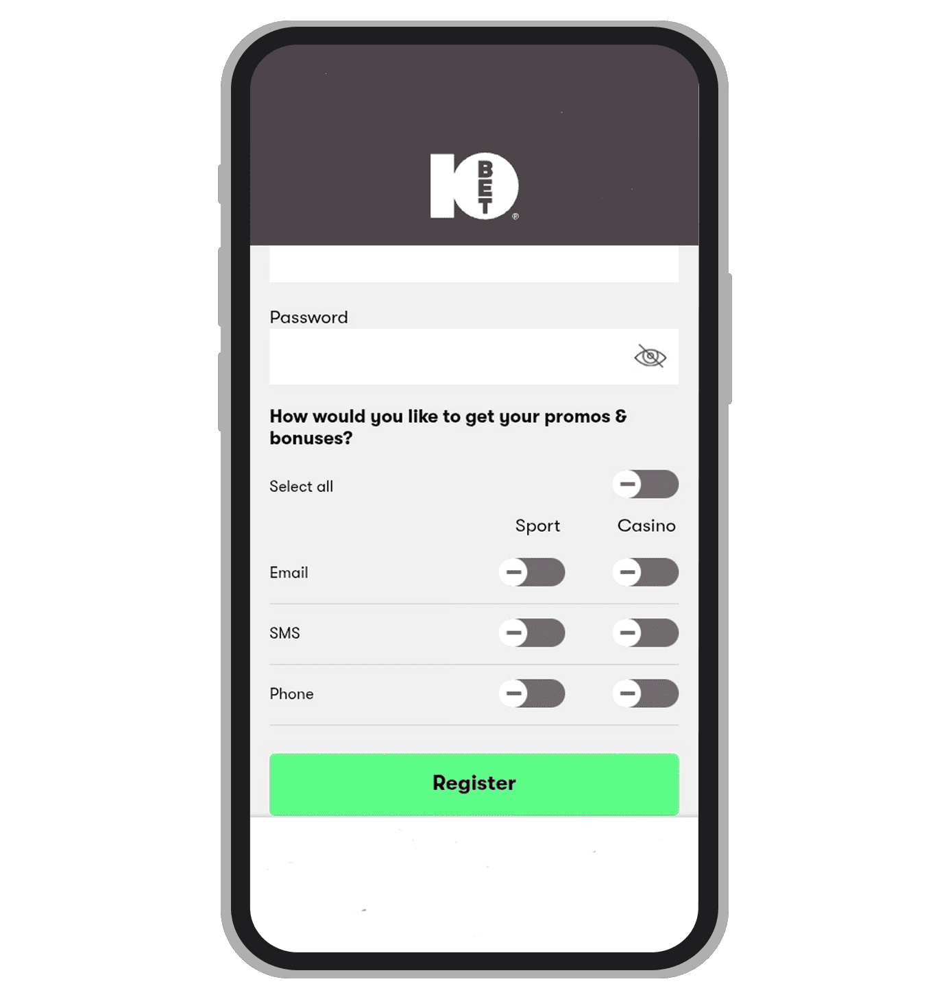 Registration form at 10bet: page 3