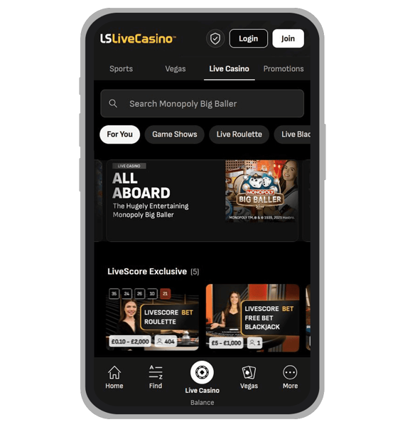 Live casino at LiveScore Bet