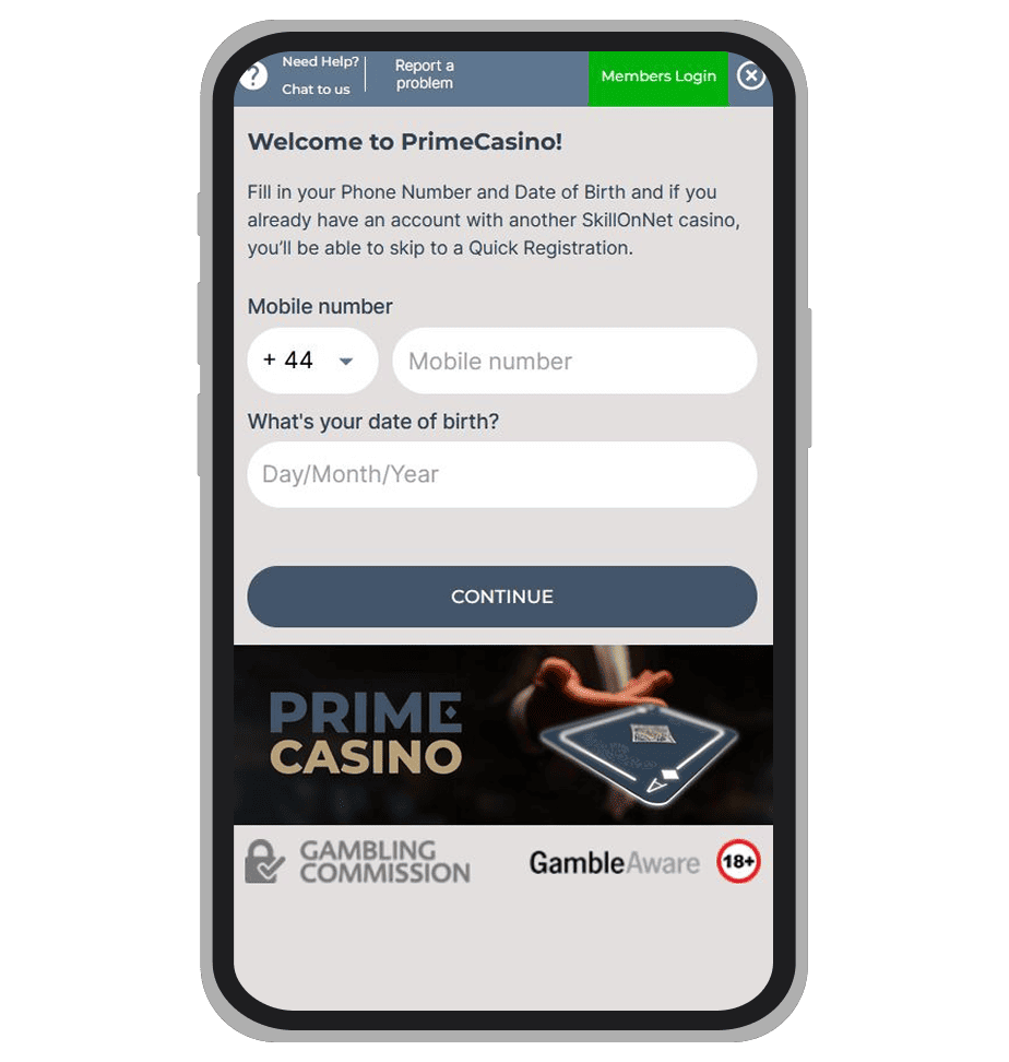 Registration form at Prime Casino: page 1
