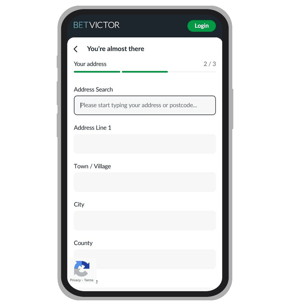 Sign-up form at BetVictor: page 2