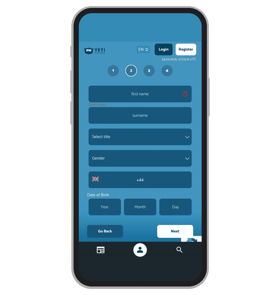 Sign Up form at Yeti Casino: page 2