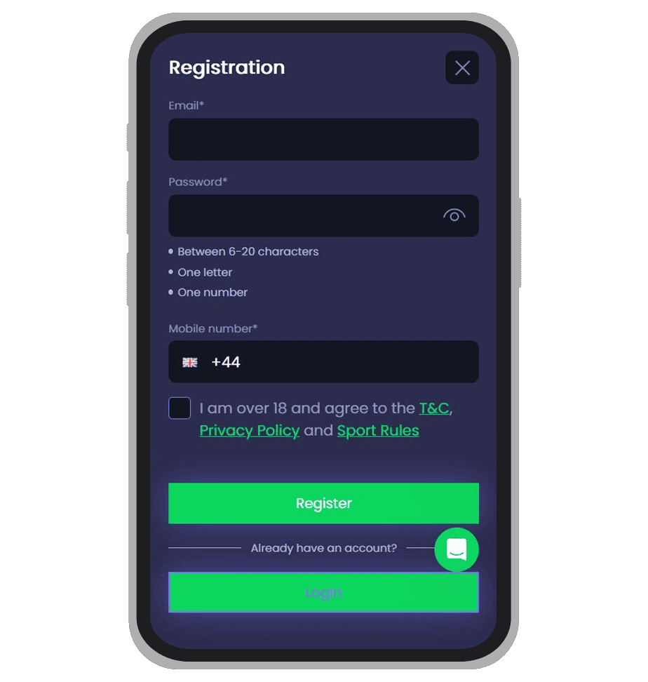 Registration form at TheOnlineCasino: page 1