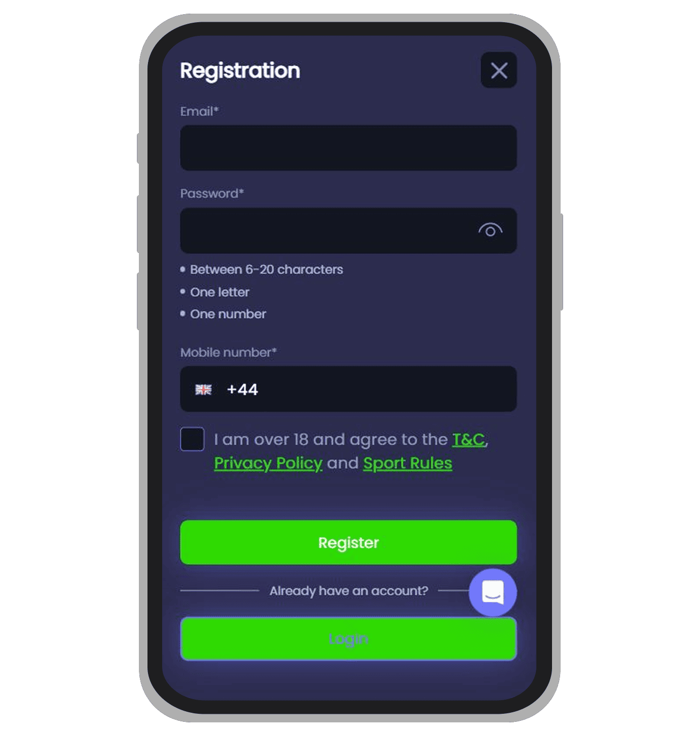 The registration form at Spinzwin