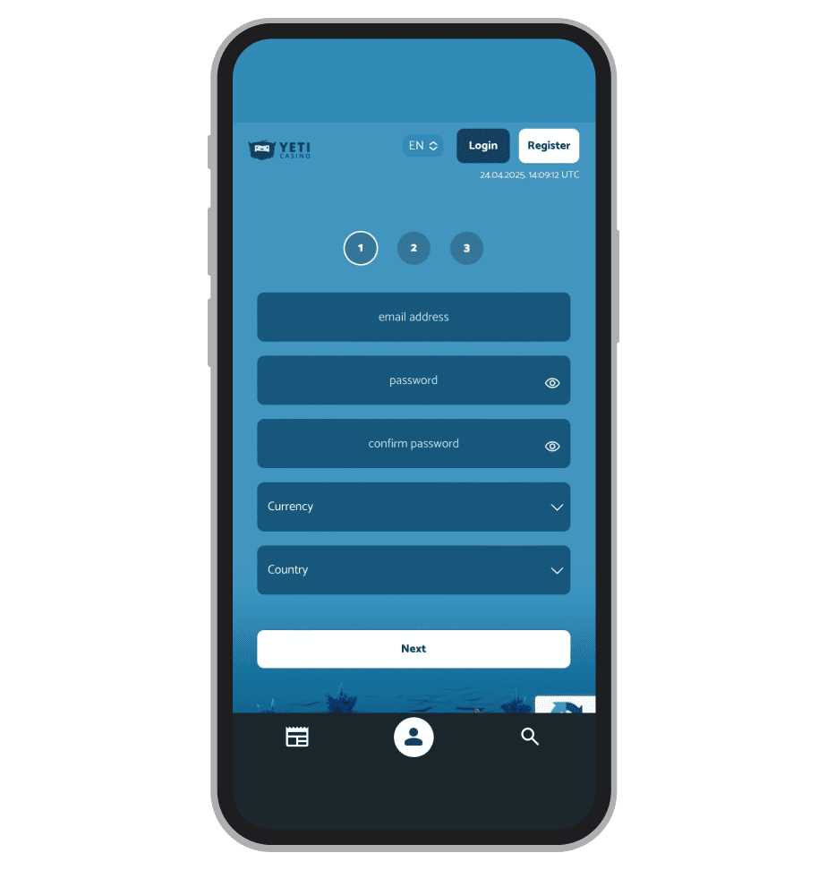 Sign Up form at Yeti Casino: page 1