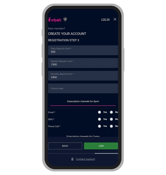 Vbet Registration: Step 3