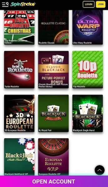 Table Games in SpinShake casino