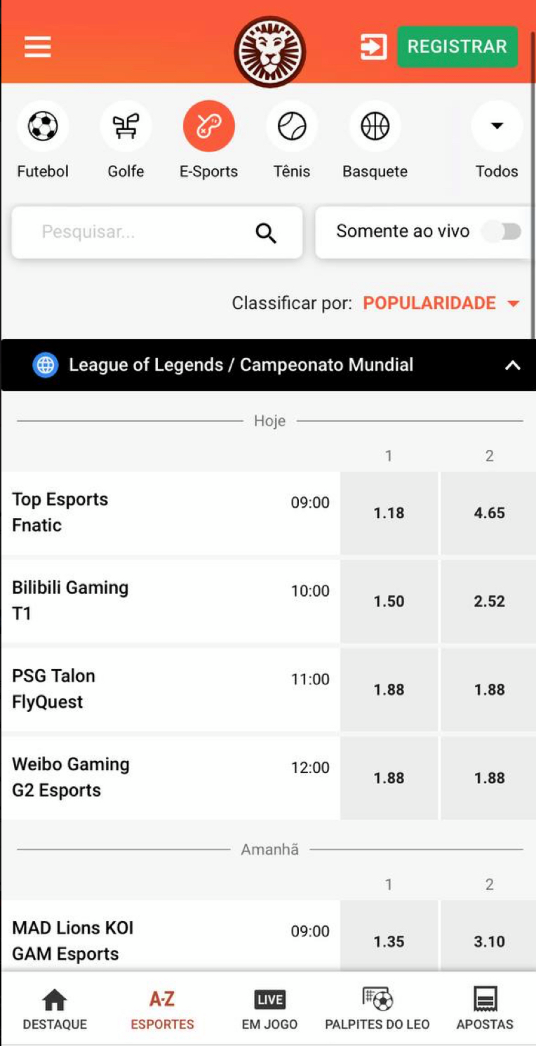 A interface da seção de eSports na LeoVegas é claro e intúito