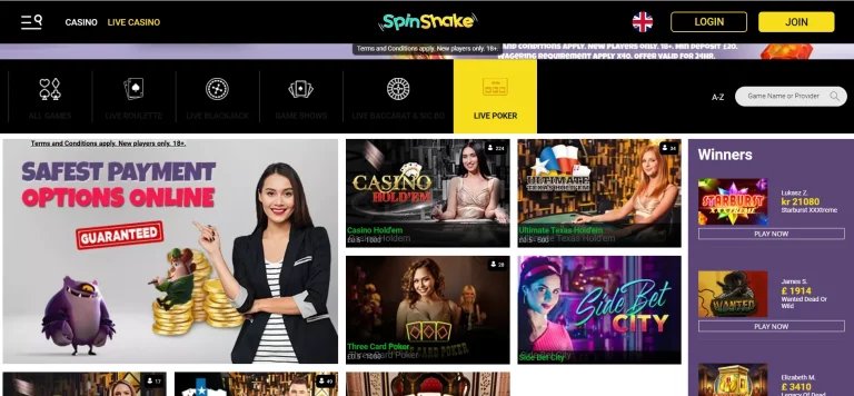 Live Poker page in SpinShake casino